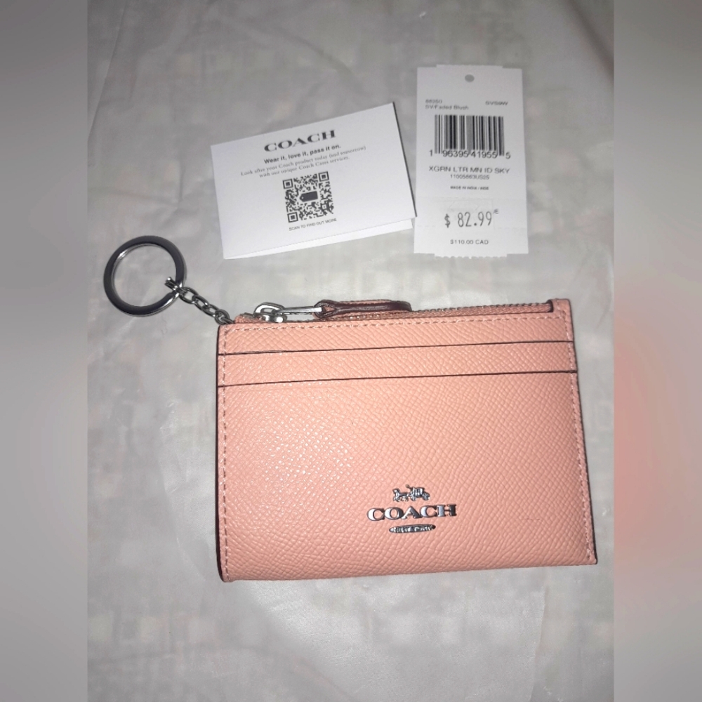 New Coach Leather Shinny ID Case/Keyring With Zipper Pouch In Faded Blush